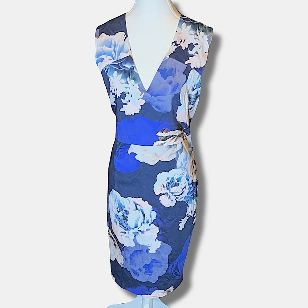 Blue‎ White Floral V-Neck Lined Midi Dress Elegant Women